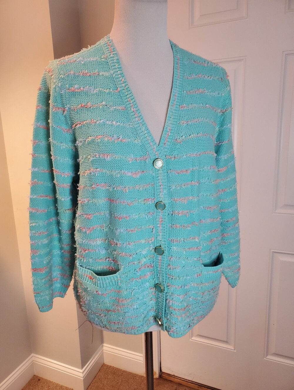 Isaac Mizrahi Aqua and Pink Striped Eyelash Yarn Button Cardigan